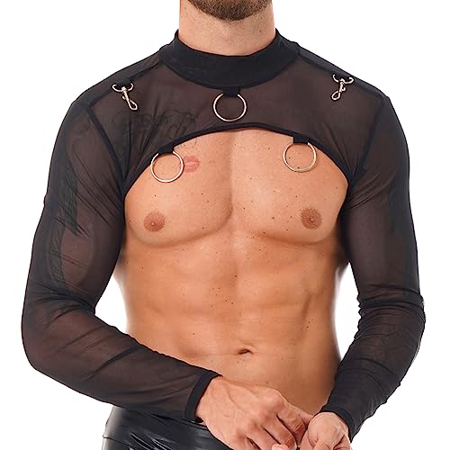 dPois Herren Mesh Top Langarm Shirt Oberteil Shrug Muskelshirt Kurz Crop Top Transparent mit Stehkragen Gothic Punk Outfits Party Clubwear Schwarz L von dPois