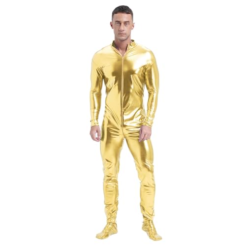 dPois Herren Metallic Bodysuit Einteiler Body Overall Ganzkörperanzug Catsuit mit Reißverschluss Glänzend Karneval Kostüm Gold M von dPois