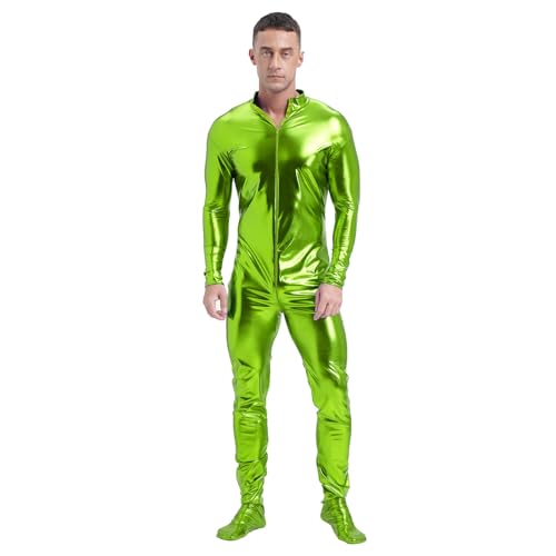 dPois Herren Metallic Bodysuit Einteiler Body Overall Ganzkörperanzug Catsuit mit Reißverschluss Glänzend Karneval Kostüm Gras-Grün XL von dPois