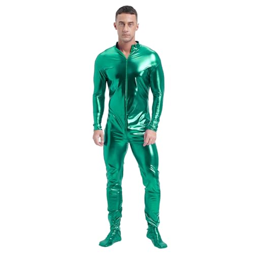 dPois Herren Metallic Bodysuit Einteiler Body Overall Ganzkörperanzug Catsuit mit Reißverschluss Glänzend Karneval Kostüm Grün M von dPois