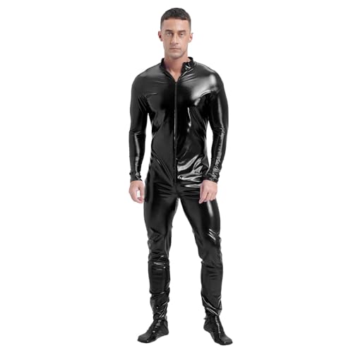 dPois Herren Metallic Bodysuit Einteiler Body Overall Ganzkörperanzug Catsuit mit Reißverschluss Glänzend Karneval Kostüm Schwarz XL von dPois