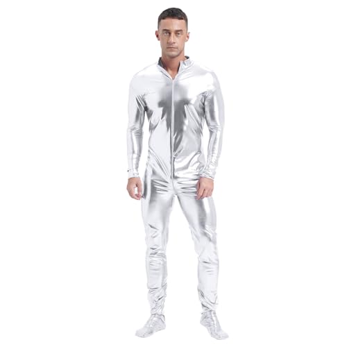 dPois Herren Metallic Bodysuit Einteiler Body Overall Ganzkörperanzug Catsuit mit Reißverschluss Glänzend Karneval Kostüm Silber 3XL von dPois