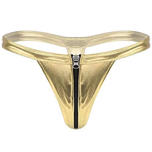 dPois Herren Metallic Unterwäsche G-String Tanga T-Rücken Slip Bikinihose Thong mit Reißverschluss Briefs Unterhose Sexy Unterwäsche Dessous Gold One Size von dPois