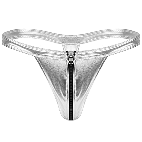 dPois Herren Metallic Unterwäsche G-String Tanga T-Rücken Slip Bikinihose Thong mit Reißverschluss Briefs Unterhose Sexy Unterwäsche Dessous Silber One Size von dPois