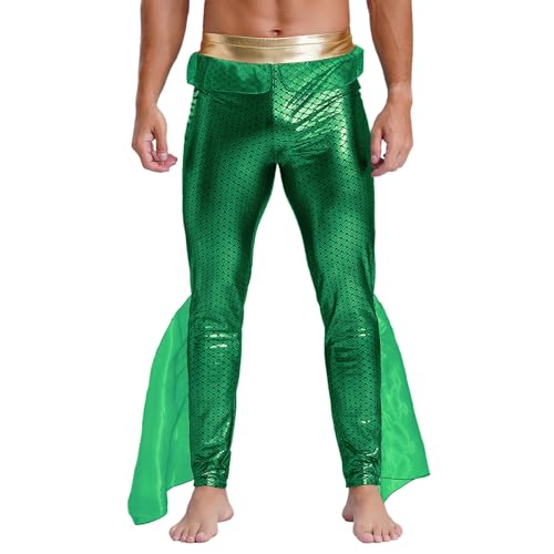dPois Herren Neptun Kostüm Gott des Meeres Verkleidung Hose Lange Pants mit Fischschwanz Besatz Glänzend Erwachsene Halloween Karneval Kostüm Grün L von dPois