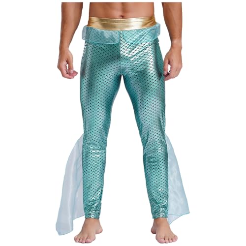 dPois Herren Neptun Kostüm Gott des Meeres Verkleidung Hose Lange Pants mit Fischschwanz Besatz Glänzend Erwachsene Halloween Karneval Kostüm Minzgrün M von dPois