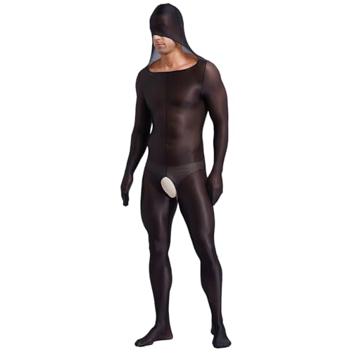 dPois Herren Nylon Bodystocking Ouvert Overall Catsuit Ganzkörperanzug mit Kapuze Bodysuit Offener Schritt Reizwäsche Stretch Schwarz XL von dPois