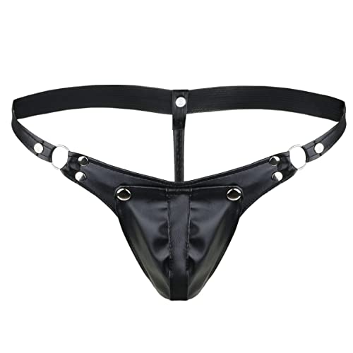 dPois Herren Ouvert String Tangas T-Back Thong Kunstleder Jockstrap Höschen Männer Wetlook Unterhose Unterwäsche mit Penis Loch Reizwäsche M-XL Schwarz M von dPois