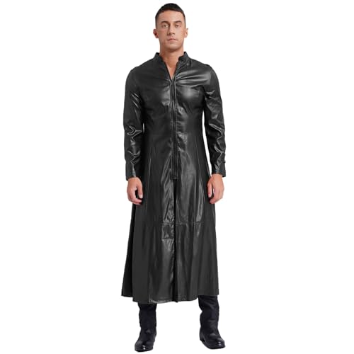 dPois Herren PU-Leder Mantel Lang Ledermantel Trenchcoat mit Stehkragen Zipper Vintage Steampunk Outfit Halloween Karneval Kostüm Schwarz XXL von dPois