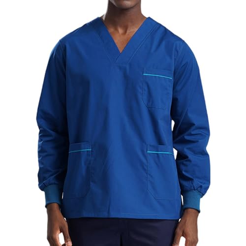 dPois Herren Schlupfkasack Langarm OP-Kasack V-Ausschnitt Oberteil mit Bündchen Krankenhaus Arzt Pfleger Uniform Berufskleidung Pfauenblau XXL von dPois