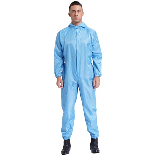 dPois Herren Schutzanzug Wiederverwendbar Arbeitsoverall Uniform Nylon Maleranzug Einteiler Overall mit Kapuze Antistatisch Arbeitskleidung Hellblau 3XL von dPois