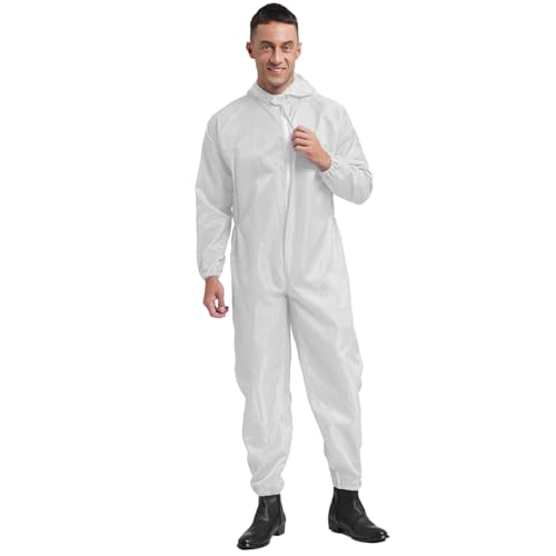 dPois Herren Schutzanzug Wiederverwendbar Arbeitsoverall Uniform Nylon Maleranzug Einteiler Overall mit Kapuze Antistatisch Arbeitskleidung Weiß M von dPois