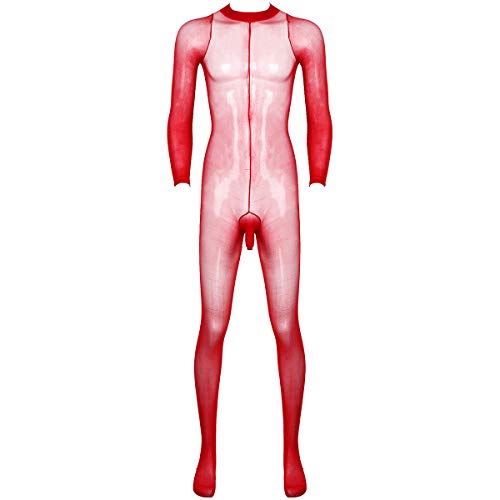 dPois Herren Sexy Transparent Body Einteiler Overall Bodystockings Nylon Strumpfhose Ganzkörper mit offener Penishülle Dessous Reizwäsche Rot OneSize von dPois