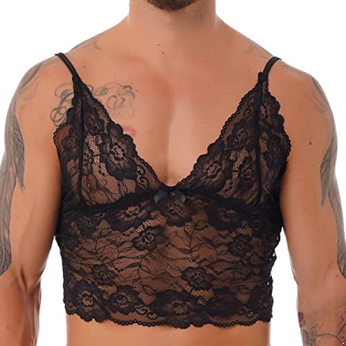 dPois Herren Sissy Top Dessous Sexy Unterhemd Weste Spitze Transparent Oberteil Tank Top Unterwäsche Erotik Reizwäsche Gr. M-XXL Schwarz XXL von dPois