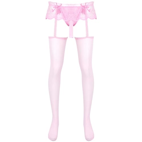 dPois Herren Strumpfhose Sexy Transparent Strapse Strümpfe Sissy Dessous String Ouvert Slip Unterhose Nylon Unterwäsche Rosa B One Size von dPois