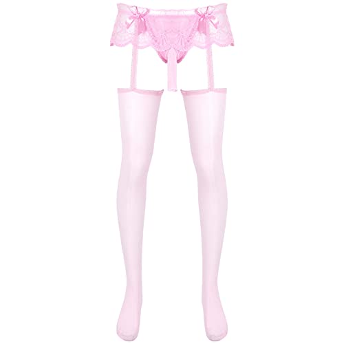 dPois Herren Strumpfhose Sexy Nylon Transparent Strapse Strümpfe Sissy Dessous String Ouvert Slip Lange Unterhose Unterwäsche Rosa_Offene Hülle One Size von dPois