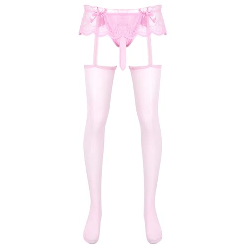 dPois Herren Strumpfhose Sexy Transparent Strapse Strümpfe Sissy Dessous String Ouvert Slip Unterhose Nylon Unterwäsche Rosa C One Size von dPois