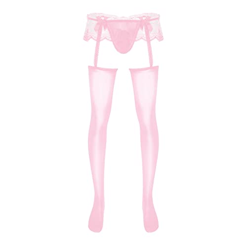 dPois Herren Strumpfhose Sexy Transparent Strapse Strümpfe Sissy Dessous String Ouvert Slip Unterhose Nylon Unterwäsche Rosa One Size von dPois