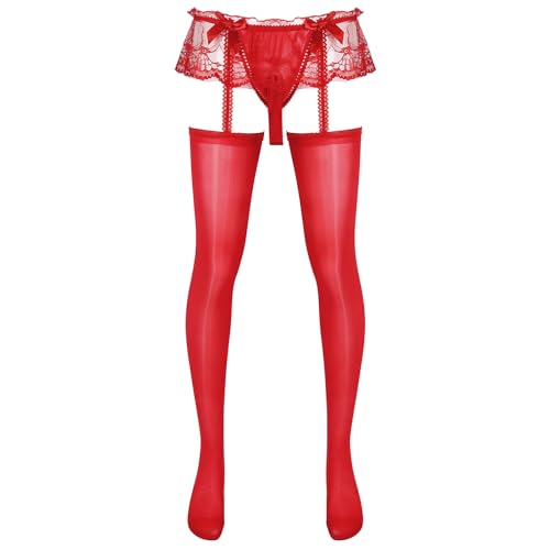 dPois Herren Strumpfhose Sexy Transparent Strapse Strümpfe Sissy Dessous String Ouvert Slip Unterhose Nylon Unterwäsche Rot B One Size von dPois