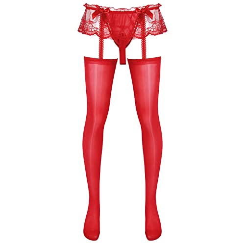 dPois Herren Strumpfhose Sexy Nylon Transparent Strapse Strümpfe Sissy Dessous String Ouvert Slip Lange Unterhose Unterwäsche Rot_Offene Hülle One Size von dPois