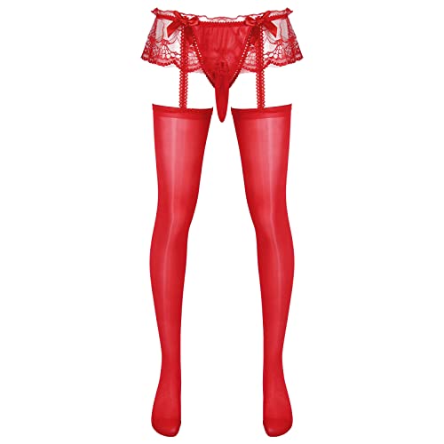 dPois Herren Strumpfhose Sexy Transparent Strapse Strümpfe Sissy Dessous String Ouvert Slip Unterhose Nylon Unterwäsche Rot C One Size von dPois