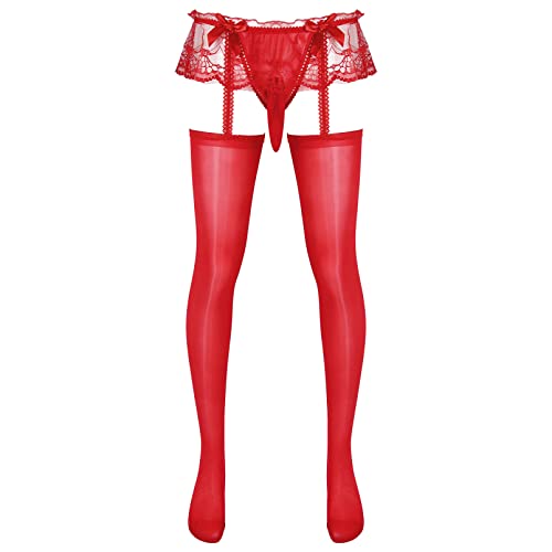 dPois Herren Strumpfhose Sexy Nylon Transparent Strapse Strümpfe Sissy Dessous String Ouvert Slip Lange Unterhose Unterwäsche Rot_Hülle One Size von dPois