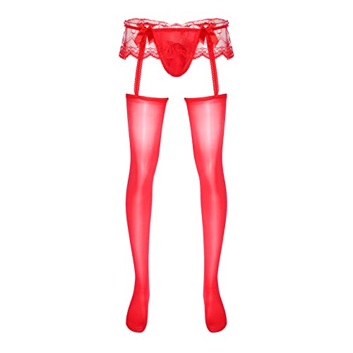 dPois Herren Strumpfhose Sexy Transparent Strapse Strümpfe Sissy Dessous String Ouvert Slip Unterhose Nylon Unterwäsche Rot One Size von dPois