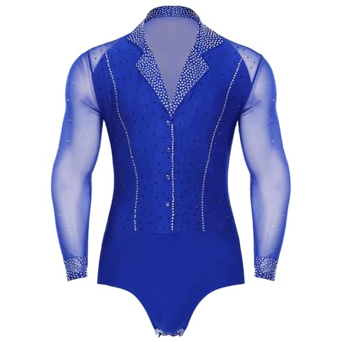 dPois Herren Tanz Hemd Latein Standard Tanz Tango Salsa Trikot Leotard Tanzbody Hemdbody mit Strass Männer Ballroom Tanzkostüm Blau XL von dPois