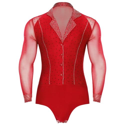 dPois Herren Tanz Hemd Latein Standard Tanz Tango Salsa Trikot Leotard Tanzbody Hemdbody mit Strass Männer Ballroom Tanzkostüm Rot L von dPois