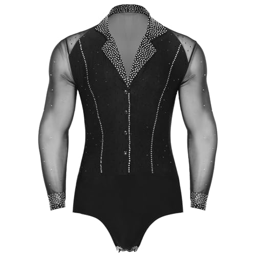 dPois Herren Tanz Hemd Latein Standard Tanz Tango Salsa Trikot Leotard Tanzbody Hemdbody mit Strass Männer Ballroom Tanzkostüm Schwarz M von dPois