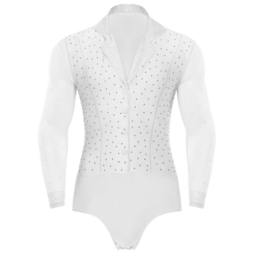 dPois Herren Tanz Hemd Latein Standard Tanz Tango Salsa Trikot Leotard Tanzbody Hemdbody mit Strass Männer Ballroom Tanzkostüm Weiß XXL von dPois