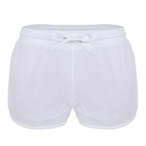 dPois Herren Badehose Kurz Badeshorts Transparent Boxershorts Briefs Trunks mit Kordelzug Loose Fit Bademode Sommer in Schwarz Weiß Weiß 3XL von dPois