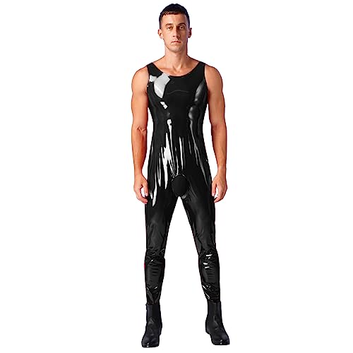 dPois Herren Wetlook Bodysuit Jumpsuit Einteiler Body Ouvert Catsuit Lingerie Lack Leder Unterwäsche Nachtwäsche Offener Schritt Ärmellos Sexy Clubwear C Schwarz 4XL von dPois