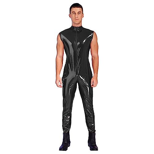 dPois Herren Wetlook Bodysuit Jumpsuit Einteiler Body Ouvert Catsuit Lingerie Lack Leder Unterwäsche Nachtwäsche Offener Schritt Ärmellos Sexy Clubwear E Schwarz 4XL von dPois