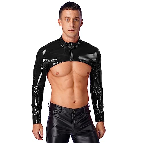 dPois Herren Wetlook Shirt Oberteil Langarmshirt Shrug Crop Top Sexy Muskelshirts mit Zipper Stehkragen Party Clubwear Schwarz M von dPois