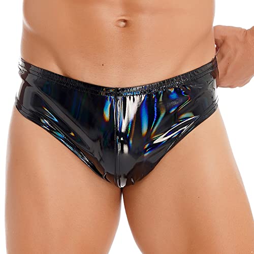 dPois Herren Wetlook Slip Tanga Sexy Unterhose Höschen Slip Lack Leder Briefs Shorts Unterwäsche Dessous Latex Kleidung Clubwear Schwarz Holografisch XXL von dPois