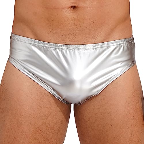 dPois Herren Wetlook Slip Tanga Sexy Unterhose Höschen Slip Lack Leder Briefs Shorts Unterwäsche Dessous Latex Kleidung Clubwear Silber B XXL von dPois