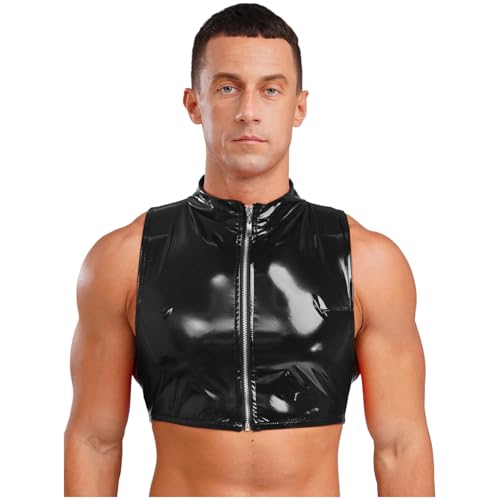 dPois Herren Wetlook Tank Top Kurz Weste Crop Top Bauchfrei mit Reißverschluss Ärmellos Oberteil Shirt Party Club Kostüm Schwarz M von dPois