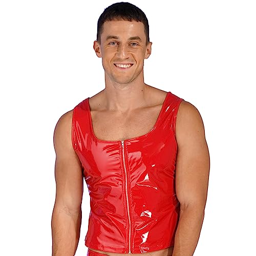 dPois Herren Wetlook Tank Top Sexy Oberteil Weste Lack Leder Shirt Ärmellos Unterhemd mit Reißverschluss Party Nachtclub Outfit Rot XXL von dPois