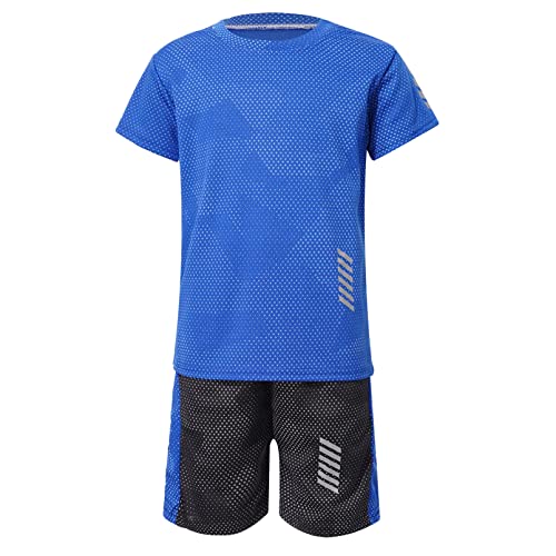 dPois Jungen Sportanzug Kurz Trainingsanzug Zweiteilige Sportwear Kurzarm T-Shirt Oberteil mit Shorts Sporthose Lässig Kinder Basketball Radfahren Laufen Outfits Blau_C 146-152/11-12 Jahre von dPois