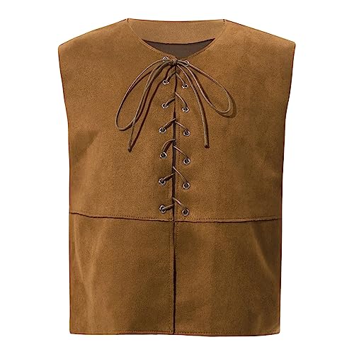dPois Kinder Junge Mädchen Renaissance Weste Waistcoat Pirat Mittelalter Kostüm mit Schnürung Oktoberfest Halloween Fasching Outfit Braun 134-140 von dPois