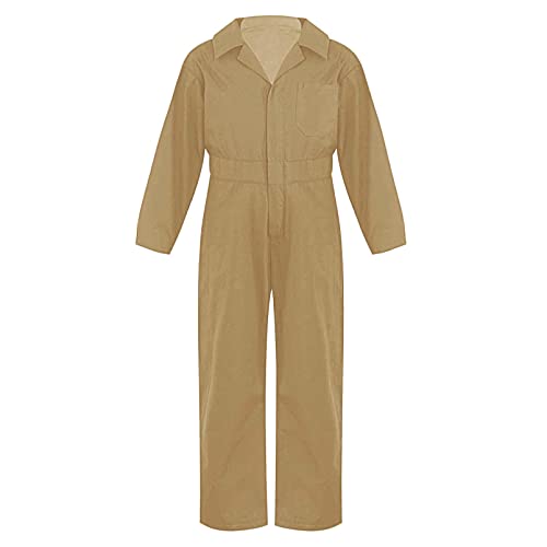 dPois Kinder Jungen Arbeitsoverall Langarm Jumpsuit Baumwolle Blaumann Overall Einteiler Uniform Anzug mit Reißverschluss Khaki 146-152/11-12 Jahre von dPois