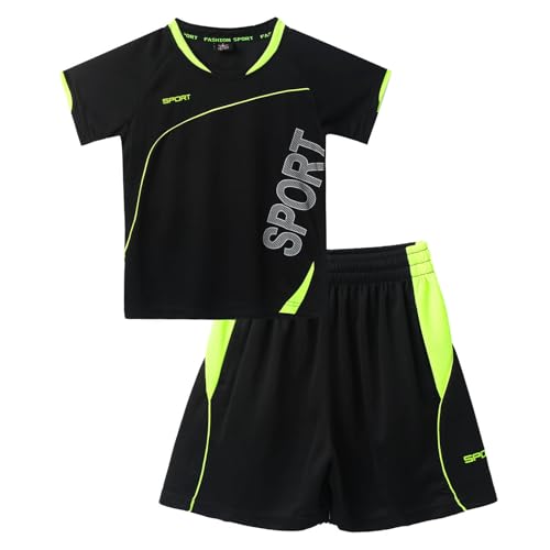 dPois Kinder Jungen Trainingsanzug Kurz Sport Fussball Laufen Outfits Trikots Shirt Kurzarm mit Boxershorts Shorts Zweiteiler Sportanzug Sommer Schwarz 122-128/7-8 Jahre von dPois