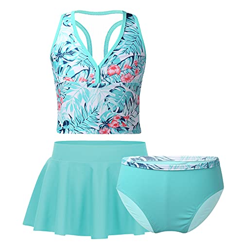 dPois Kinder Mädchen 3tlg. Tankini Badeanzug Set Tank Top Racerback Badehose Rock mit Digitaldruck Schwimmanzug Swimwear Ärmellos Sommer Schwimmen Baden Mint Grün_Blätter 140-152/10-12 Jahre von dPois