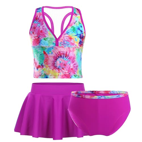 dPois Kinder Mädchen 3tlg. Tankini Badeanzug Set Tank Top Racerback Badehose Rock mit Digitaldruck Schwimmanzug Swimwear Ärmellos Sommer Schwimmen Baden Rosa Batik 152-164/12-14 Jahre von dPois