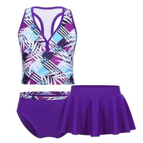 dPois Kinder Mädchen 3tlg. Tankini Badeanzug Set Tank Top Racerback Badehose Rock mit Digitaldruck Schwimmanzug Swimwear Ärmellos Sommer Schwimmen Baden Violett 140-152/10-12 Jahre von dPois