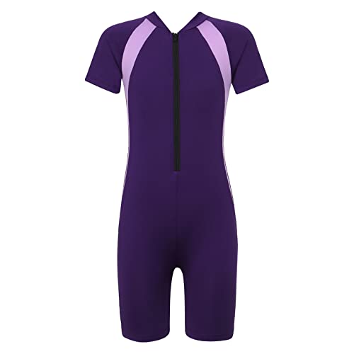 dPois Kinder Mädchen Badeanzug Kurzarm Schwimmanzug Rash Guard Shorts mit Reißverschluss Einteiler Swimwear für Wassersport Schwimmen Training Violett 122-140/8-10 Jahre von dPois