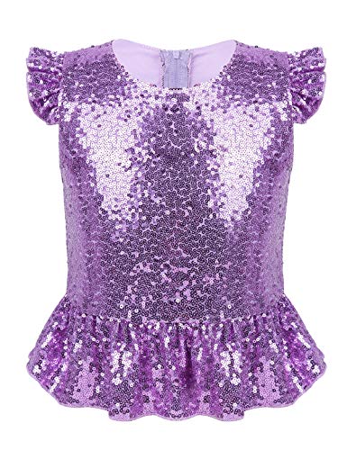 dPois Kinder Mädchen Glitzernde Shirt T-Shirt Bluse Oberteil Pailletten Tops mit Gerüschten Ärmeln für Weihnachten Party Fasching Tanz Outfit Lavender 122-128/7-8 Jahre von dPois