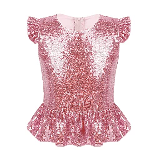 dPois Kinder Mädchen Glitzernde Shirt T-Shirt Bluse Oberteil Pailletten Tops mit Gerüschten Ärmeln für Weihnachten Party Fasching Tanz Outfit Rosa 122-128/7-8 Jahre von dPois