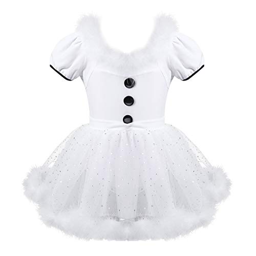 dPois Kinder Mädchen Schneemann Kostüm Weihnachtsoutfit Eiskunstlauf Kleid Rollschuhkleid Trikot mit Tutu Rock Tanzbekleidung für Performance Fasching Weiß 116 von dPois